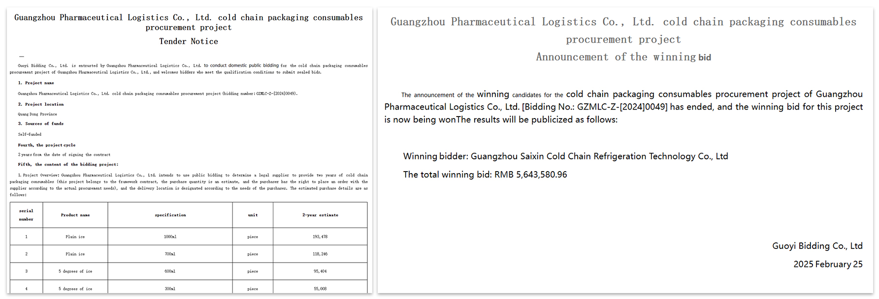 Tender notice and winning bid announcement for pharmaceutical cold chain packaging